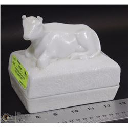 ANTIQUE PRESSED MILK GLASS OPALESCENT LIDDED DISH.