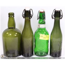 LOT OF 4 VINTAGE GREEN GLASS BEER BOTTLES.