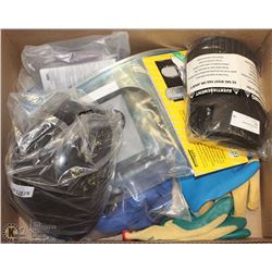 FLAT OF WORK GEAR, INCLUDES GLOVES, AND MORE