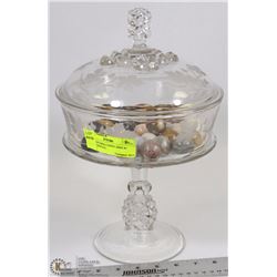 GLASS ETCHED CANDY DISH W/ MARBLE BALLS.