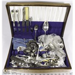 WOOD BOX W/ ASST SILVER PLATED DINNERWARE