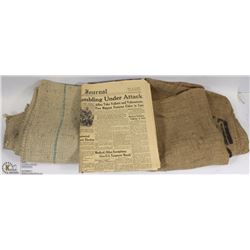 1944 NEWSPAPER SOLD WITH 2 BURLAP SACKS