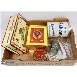 BOX W/ VINTAGE TINS & CONTAINERS.
