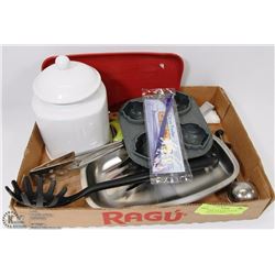 KITCHEN LOT WITH CANISTER, ASSORTED UTENSILS,
