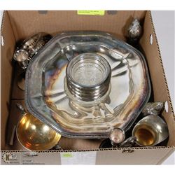 ESTATE BOX OF MISC METAL SERVING ITEMS