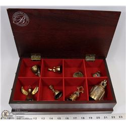 WOOD DISPLAY BOX FULL OF BRASS ITEMS