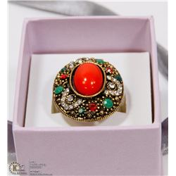 RED CORAL GEMSTONE CLUSTER STYLE RING