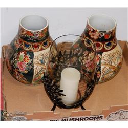 FLAT OF 2 DECORATIVE VASES AND 1 CANDLE HOLDER