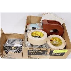 BOX OF TAPE, WEILER ROOT PASS BRUSHES, AND MORE
