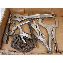 FLAT OF VISE GRIPS, WRENCHES & 5 TON PULLER