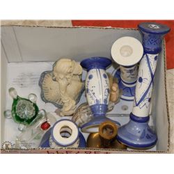 BOX OF CANDLE HOLDERS, FIGURINES, AND MORE
