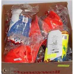 BOX OF HARD HATS AND WORK GLOVES