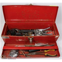 RED METAL TOOL BOX FILLED WITH TOOLS