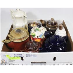 FLAT OF ASSORTED TEA POTS, HONEY POT