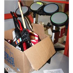 LOT OF GAME ACCESSORIES INCL GUITARS, SKATEBOARD,