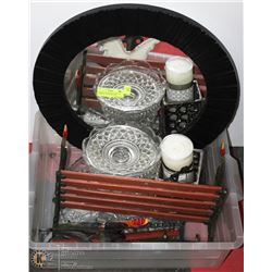 TOTE W/ GLASSWARE, ROOSTER, MIRROR, CANDLE HOLDER