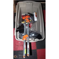 TOTE WITH MISC ITEMS INCL MANY UTILITY KNIVES,