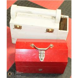 VINTAGE WOOD TOOL BOX W/ RED METAL TOOLBOX.