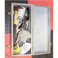 GREY METAL TOOL BOX FILLED WITH TOOLS