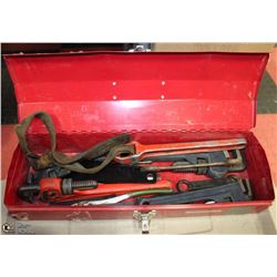TOOL BOX W/ PIPE WRENCHES.