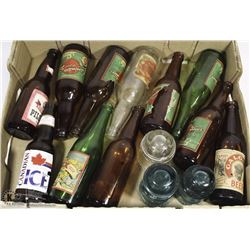 FLAT OF VINTAGE BEER BOTTLES AND TELEPHONE