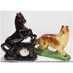 VINTAGE HORSE CLOCK AND COLLIE FIGURINE"DOORSTOP"