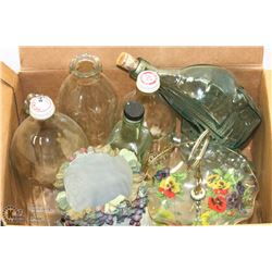 BOX OF VINTAGE BOTTLES AND MORE INCL SAILBOAT