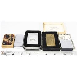 BOX W/ 4 VINTAGE ZIPPO LIGHTERS & ZIPPO MEASURING