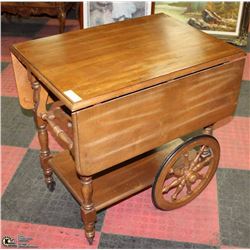 VINTAGE WOOD TEA CART WITH WOOD WHEELS
