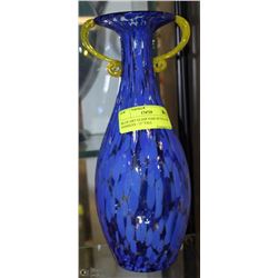 BLUE ART GLASS VASE W/YELLOW HANDLES - 11" TALL