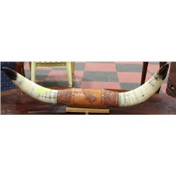 VINTAGE 30" LONG STEER HORNS ON A LEATHER