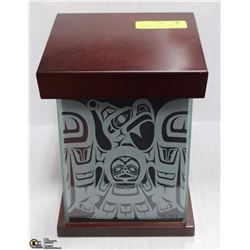 WOOD AND GLASS DECORATIVE BOX WITH NATIVE DESIGN