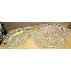 ESTATE LOT OF 2 CRYSTAL DISHES INCL PLATTER &LEAF