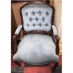ESTATE WOOD CARVED BLUE FABRIC ARMCHAIR AS IS