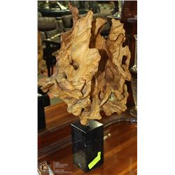 1965 WOOD SCULPTURE W/ MARBLE STONE BASE