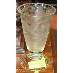 9" DEER & RAVEN THEMED CRYSTAL VASE.