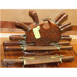 CUSTOM CARVED WOOD KNIFE BLOCK WITH ACCESSORIES