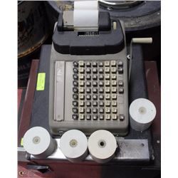ANTIQUE BURROUGHS CASH REGISTER W/ ROLLS OF PAPER.