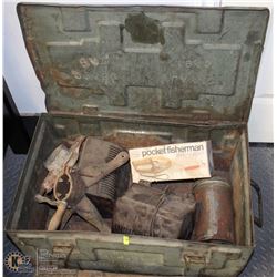 LARGE ANTIQUE AMMO BOX WITH ASSORTED RADIOS,