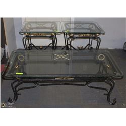 METAL & GLASS COFFEE TABLE & 2 SIDE TABLES