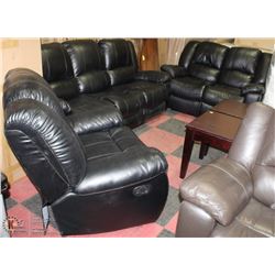 BLACK LEATHERETTE RECLINING SOFA LOVE SEAT AND