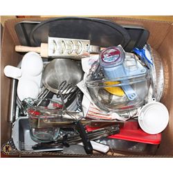 BOX OF ASST COOKWARE INCL PYREX