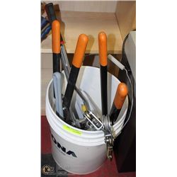 PAIL WITH CHAIN, BOOMER, PRUNERS AND 18" PIPE