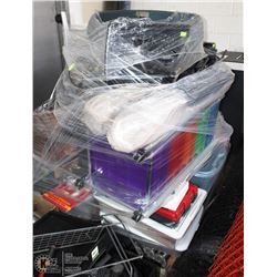 PALLET OF MISC. INCL. JACK STANDS, SUITCASE, DESK,