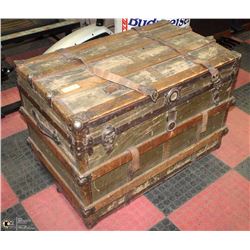 ANTIQUE WOOD CHEST WITH LEATHER STRAPS