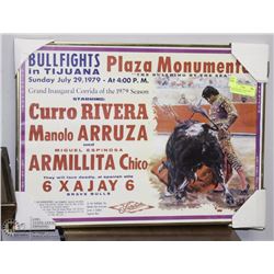 NEW BULLFIGHT ADVERTISING BRASS FRAMED 12"X25"