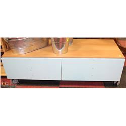 MAPLE TONE AND BLUE TV STAND ON WHEELS