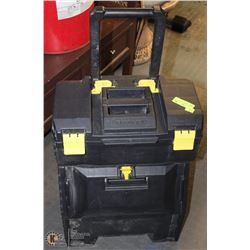 TOOLBOX ON WHEELS AND BOX OF FISHING LURES ETC