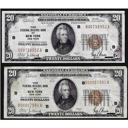 Lot of (2) 1929 $20 Federal Reserve Bank of New York National Currency Notes