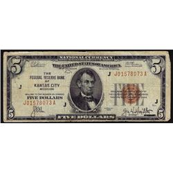 1929 $5 The Federal Reserve Bank of Kansas City Missouri Note